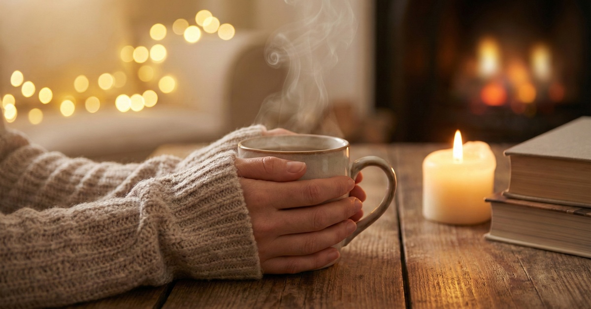 A woman in a sweater holding a steaming cup of coffee in both hands. There is a small lit candle on the table next to her.