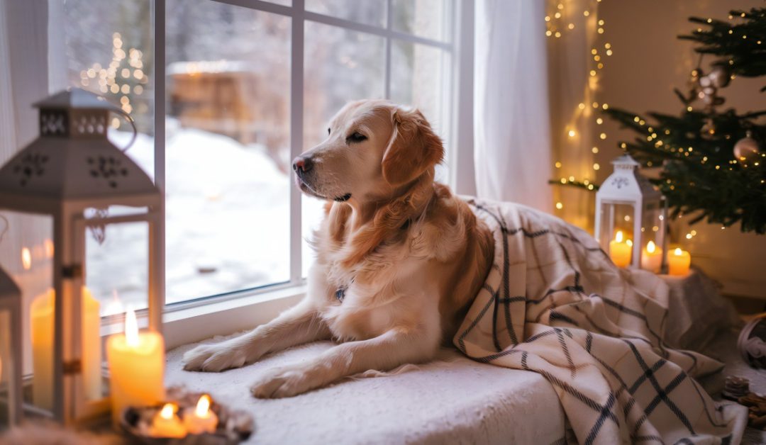 A golden retriever dog sits on a window bench with candles lit near him and a Christmas tree behind him.