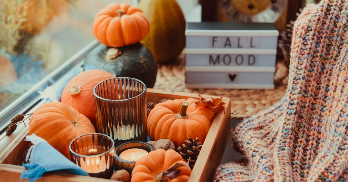 Pumpkins, pinecones, and candles sitting on a wooden tray on a windowsill beside a colorful knitted blanket.