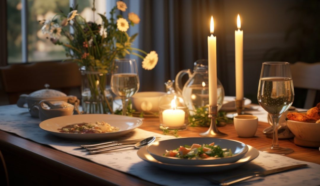 A dining table next to a window in a dimly lit home. The table is set for two with taper candles lit for ambience.