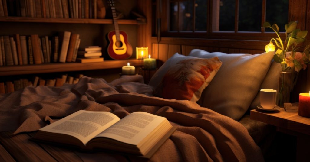 A comfortable bedroom with a library wall near the bed. There's an open book laying on the bed and candles lit.