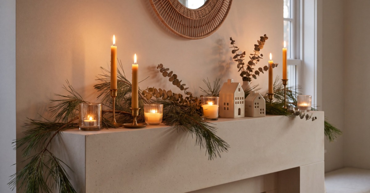 A modern minimalistic fireplace mantel with a variety of taper candles and pillar candles. There's a mirror above them.